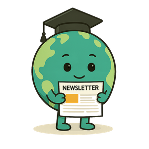 Globe mascot holding a newspaper